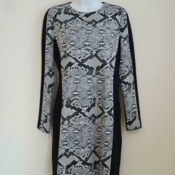 New MICHAEL KORS Black Grey Multi Ponte Long Sleeve Dress 8 - Picture 1 of 6